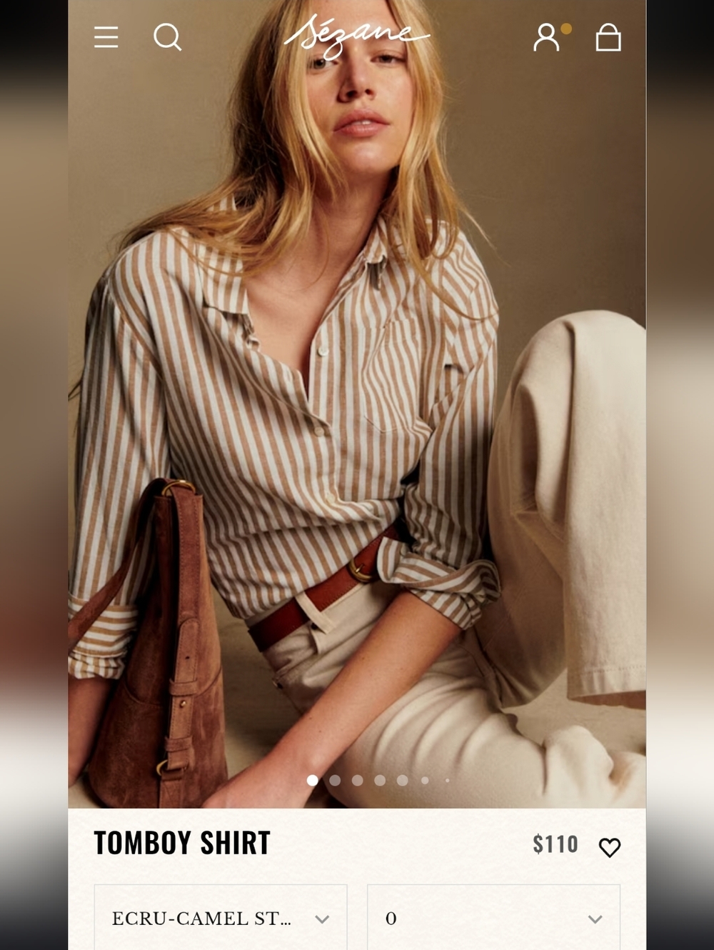 Sezane Cotton Linen Blend Tomboy Shirt In Ecru-Camel Striped | sz 42/US 10/XL*
